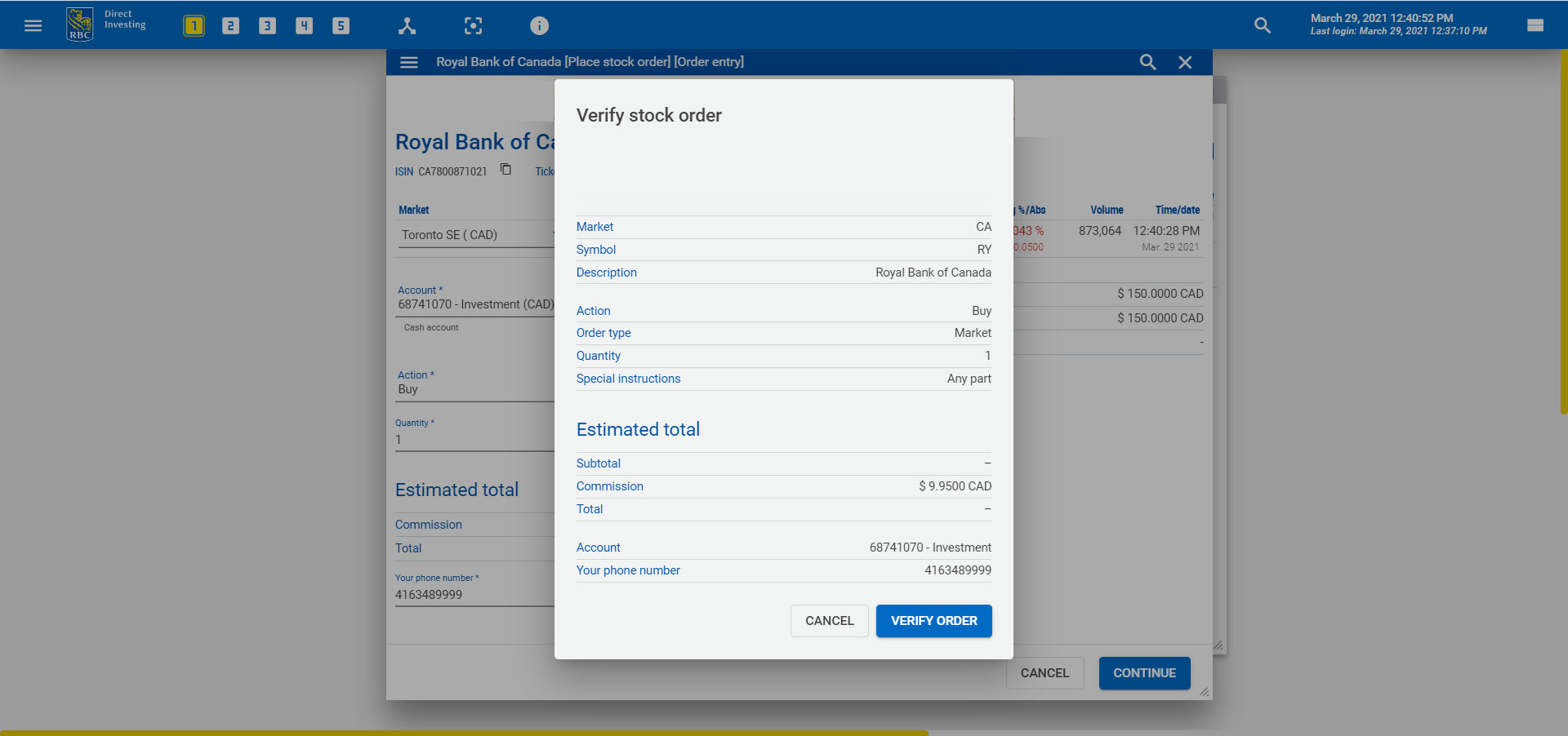 Verify stock order pop-up 